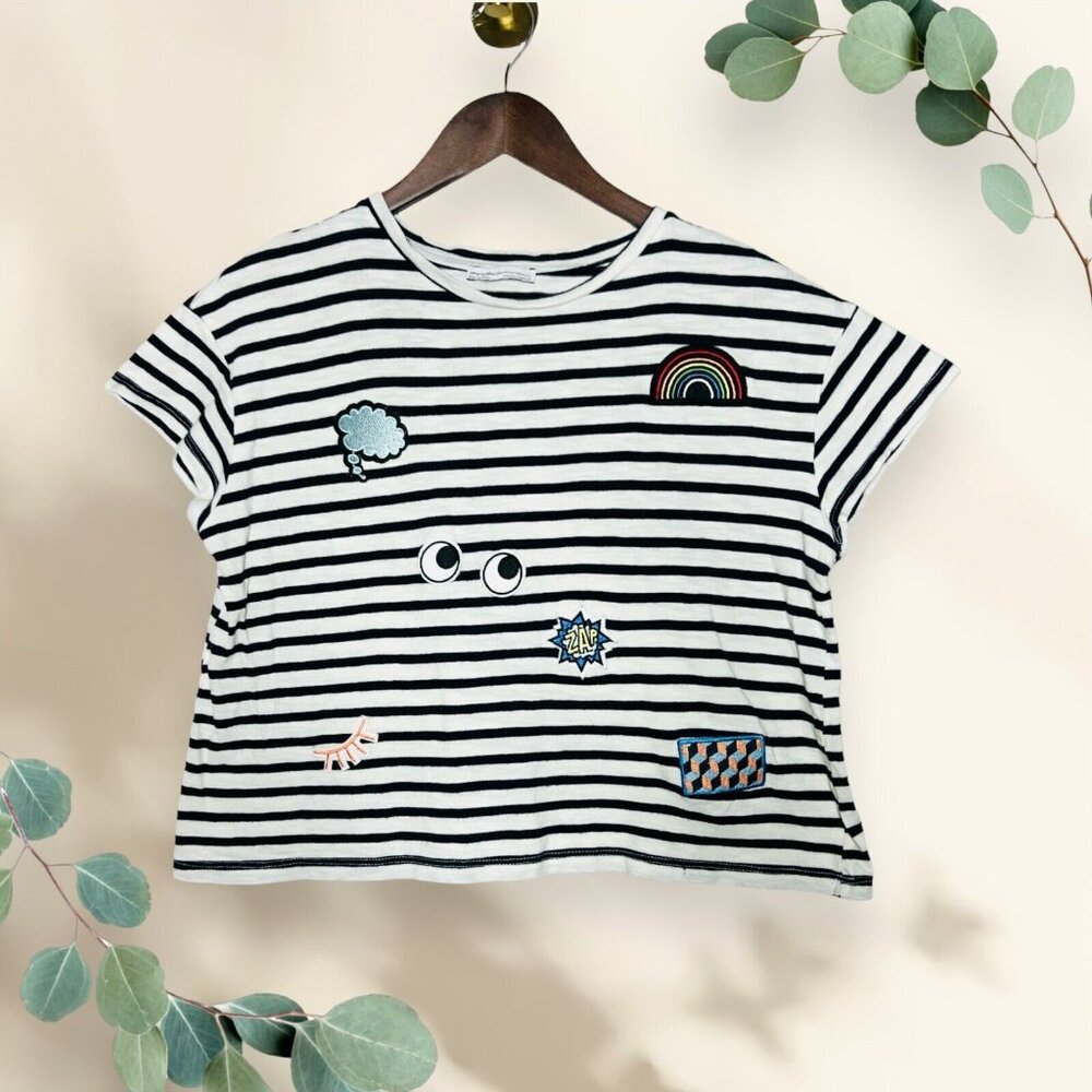 Zara Black And White Striped Short Sleeved Tee Patches Girls Size Small ($22)